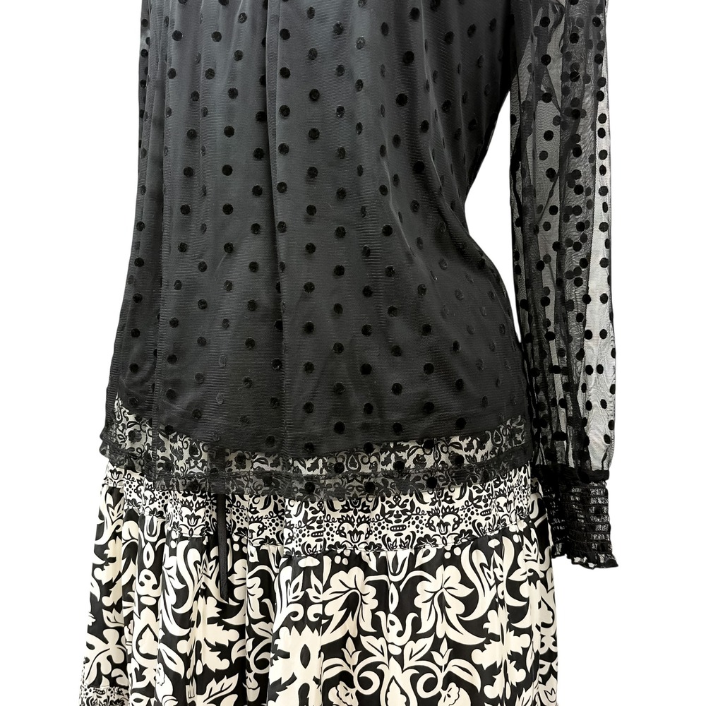 Gothic Sheer Mesh Polka Dot Blouse Mock Neck Bow Back‎ Victorian Lace Trim S - Picture 4 of 9